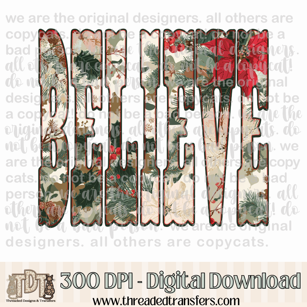 Believe Christmas Camo Design Digital Design Download (PNG Format - no product shipped)