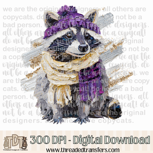 Winter Raccoon Hand Painted Digital Design Download (PNG Format - no product shipped)
