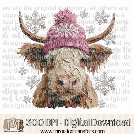 Winter Highland Cow Hand Painted Digital Design Download (PNG Format - no product shipped)