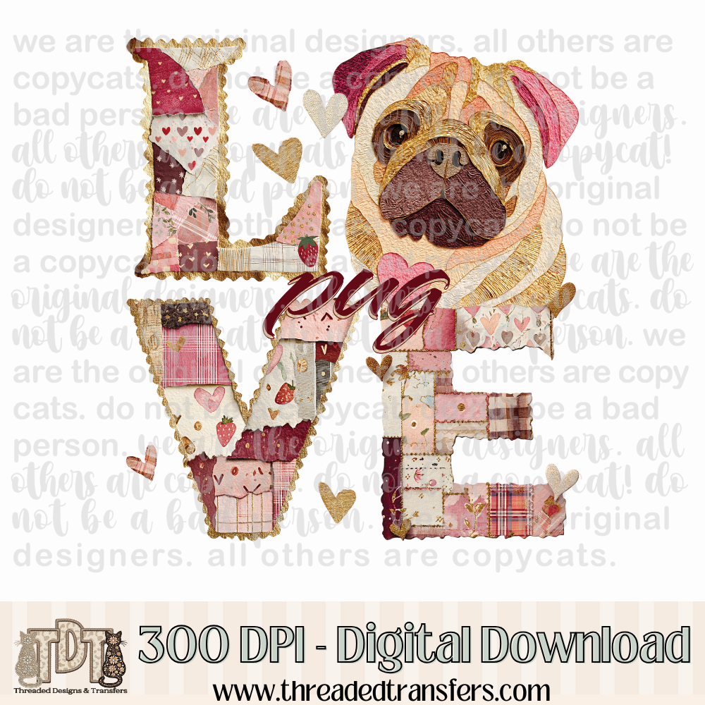 Pug Love Torn Paper Digital Design Download (PNG Format - no product shipped)