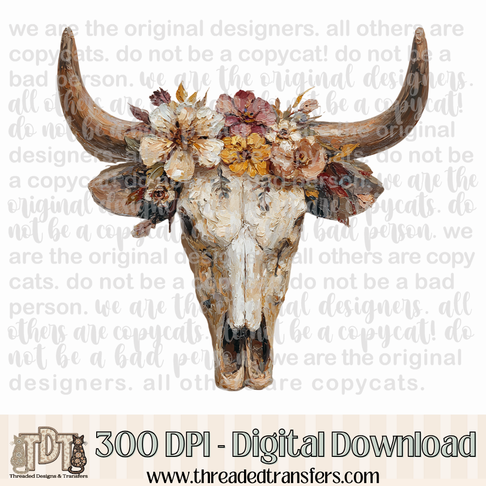 Western Cow Skull Hand Painted Digital Design Download (PNG Format - no product shipped)