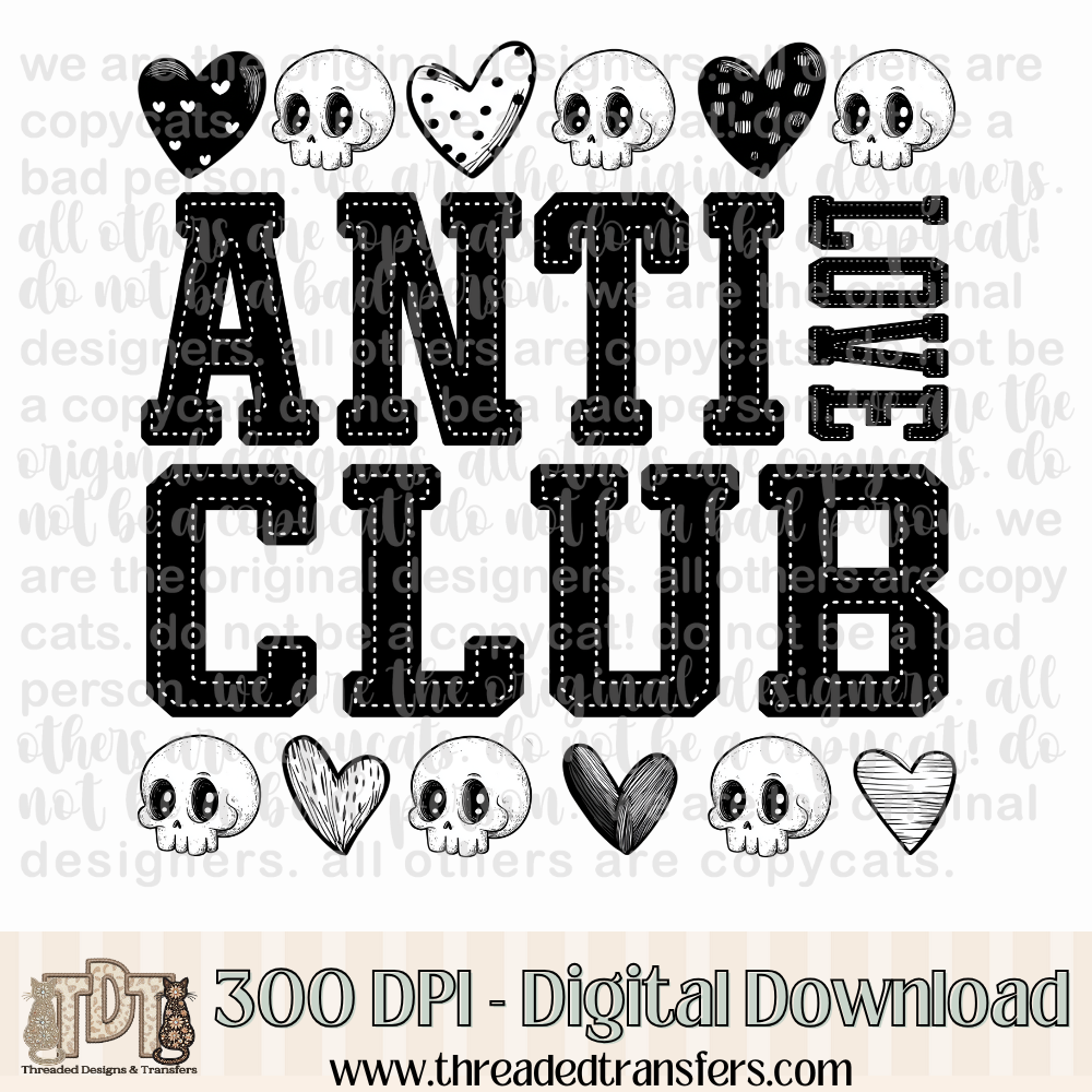 Anti Love Club Doodle Skull Digital Design Download (PNG Format - no product shipped)