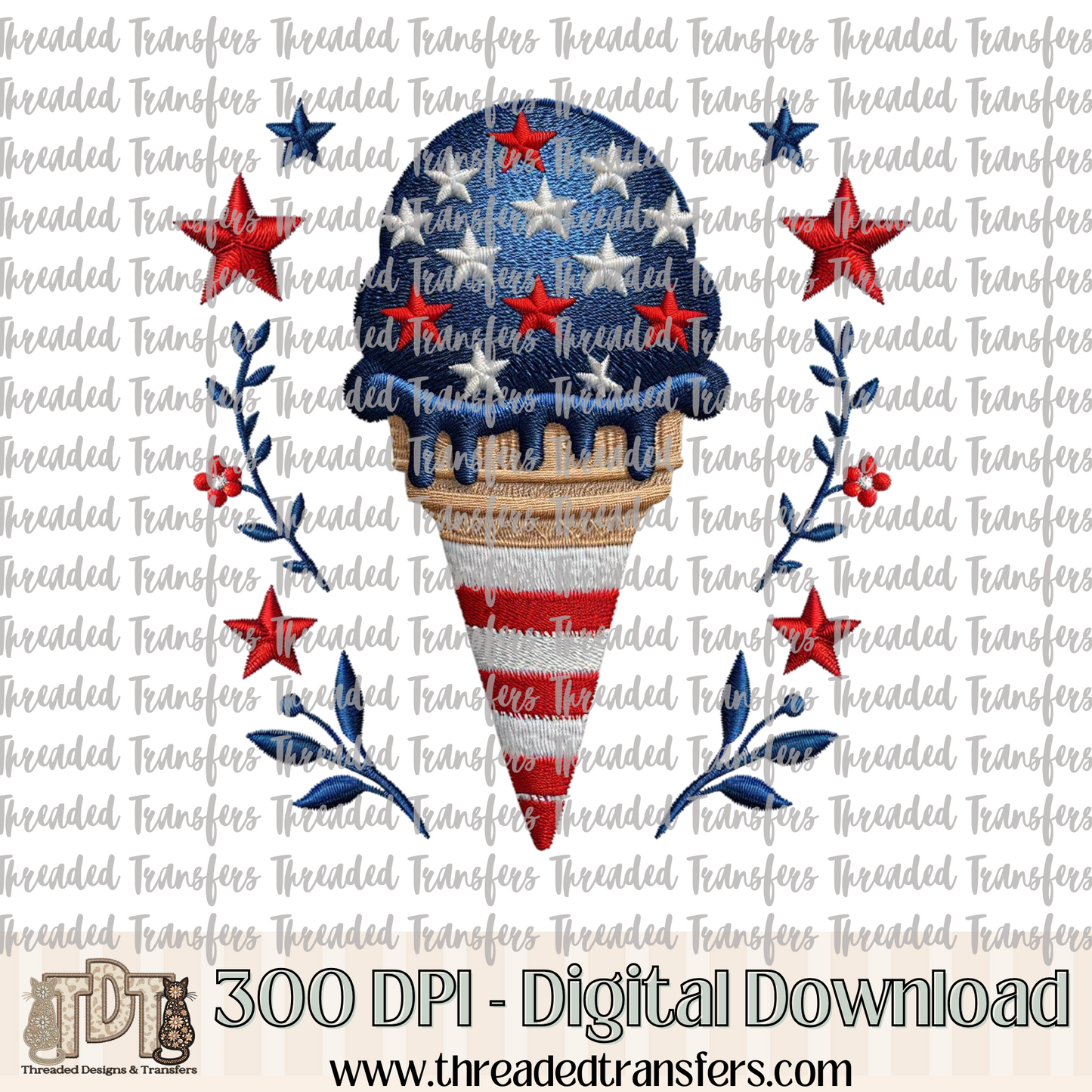 Patriotic Ice Cream Faux Embroidery Digital Design Download (PNG Format - no product shipped)