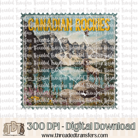 Vintage Canadian Rockies Stamp Digital Design Download (PNG Format - no product shipped)