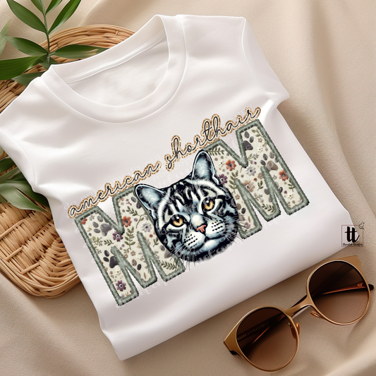 American Shorthair Mom Faux Embroidery & Faux Sparkle DTF Transfer