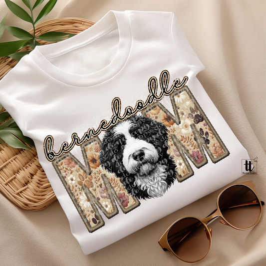 Bernedoodle Mom- Black and White Faux Embroidery & Faux Sparkle DTF Transfer
