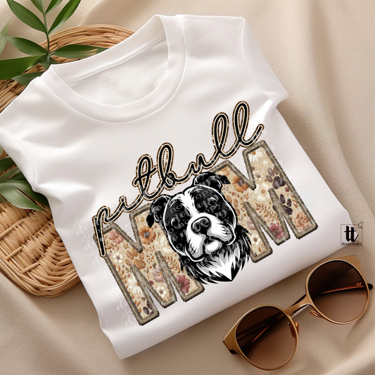 Pitbull Black & White Mom Faux Embroidery & Faux Sparkle DTF Transfer