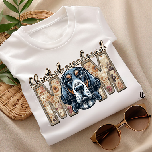 Bluetick Coonhound Mom Faux Embroidery & Faux Sparkle DTF Transfer