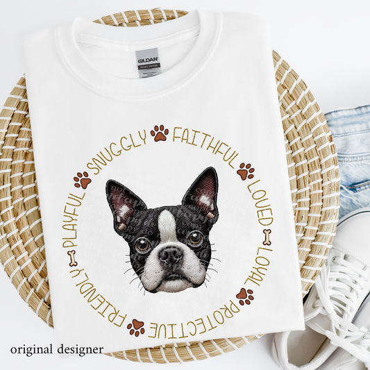 Boston Terrier Pet Traits Faux Embroidery & Faux Sparkle DTF Transfer