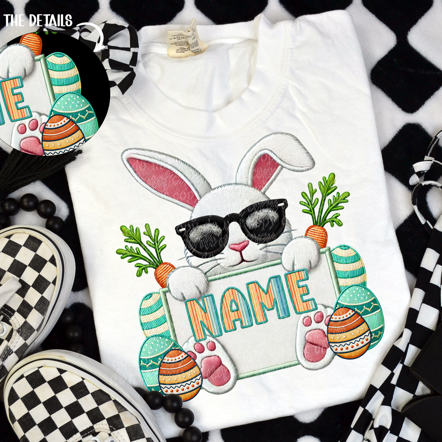 Bunny with Sunglasses Customizable Name Faux Embroidery DTF Transfer