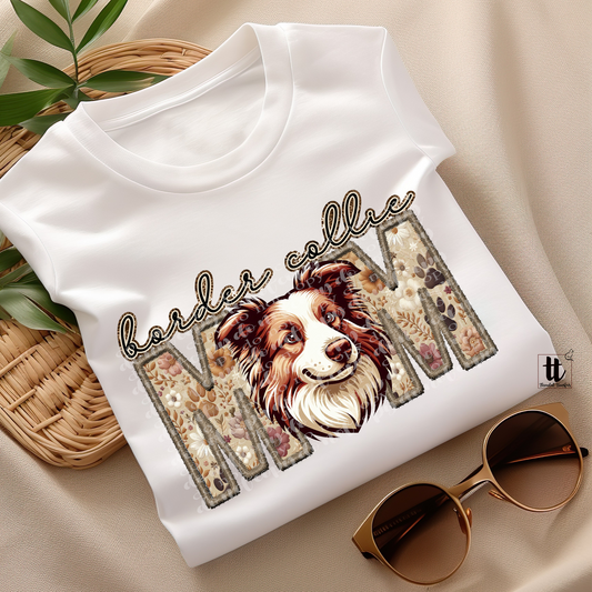 Border Collie Brown Mom Faux Embroidery & Faux Sparkle DTF Transfer