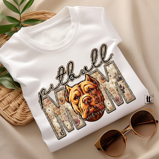 Pitbull Brown Mom Faux Embroidery & Faux Sparkle DTF Transfer