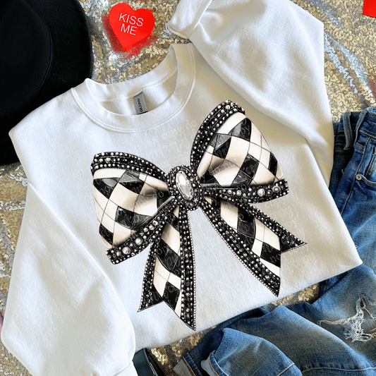 Checker Bow Faux Rhinestone DTF Transfer