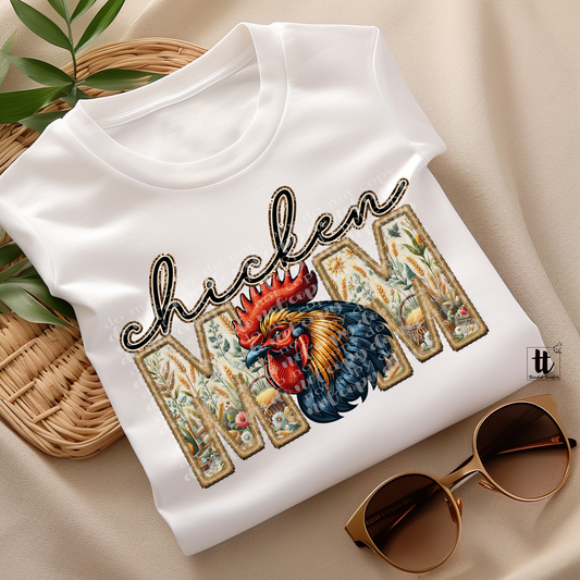 Chicken Mom Faux Embroidery & Faux Sparkle DTF Transfer