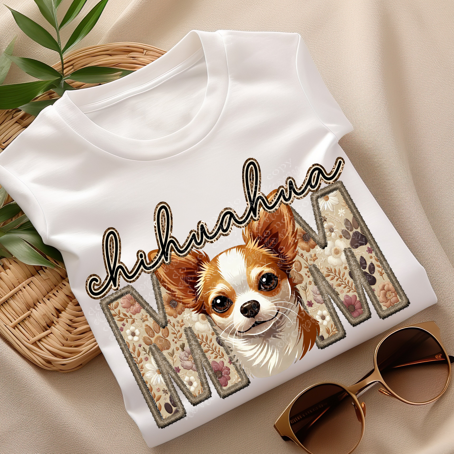 Chihuahua Mom- tan and white Faux Embroidery & Faux Sparkle DTF Transfer