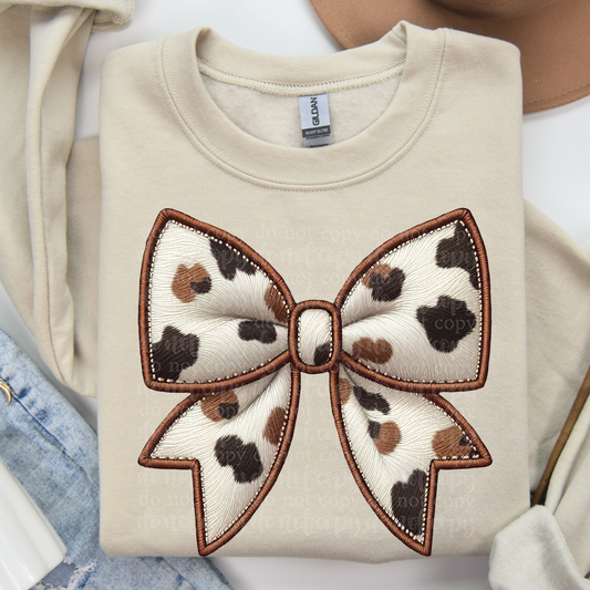 Cow Print Coquette Bow Faux Embroidery DTF Transfer