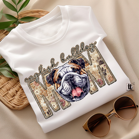 English Bulldog Mom Faux Embroidery & Faux Sparkle DTF Transfer