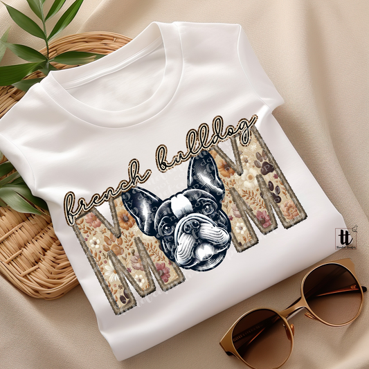 French Bulldog Mom Faux Embroidery & Faux Sparkle DTF Transfer