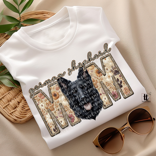 German Shepherd Mom- Black Faux Embroidery & Faux Sparkle DTF Transfer