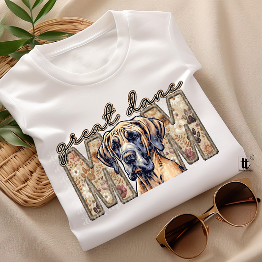 Great Dane Mom Golden Faux Embroidery & Faux Sparkle DTF Transfer