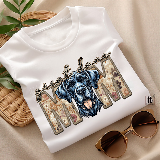 Great Dane Mom Faux Embroidery & Faux Sparkle DTF Transfer