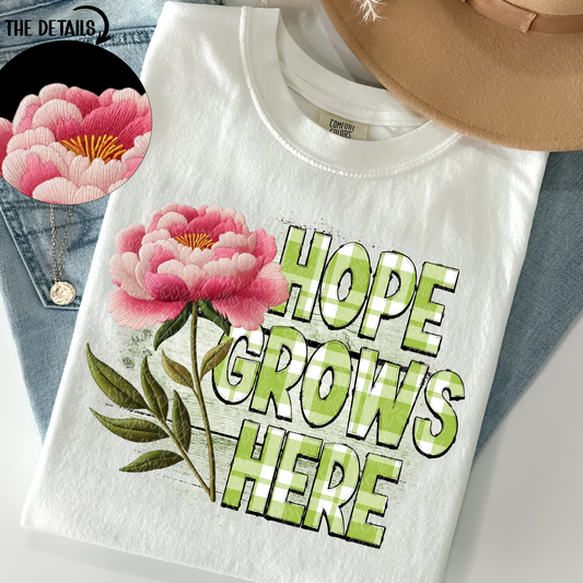 Hope Grows Here Peony Faux Embroidery DTF Transfer