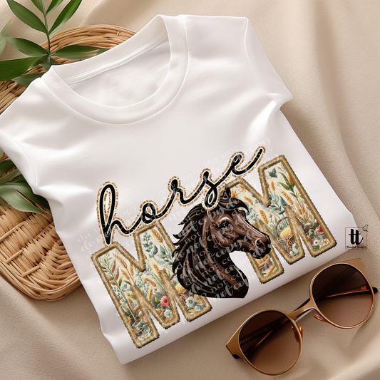 Horse Mom Faux Embroidery & Faux Sparkle DTF Transfer