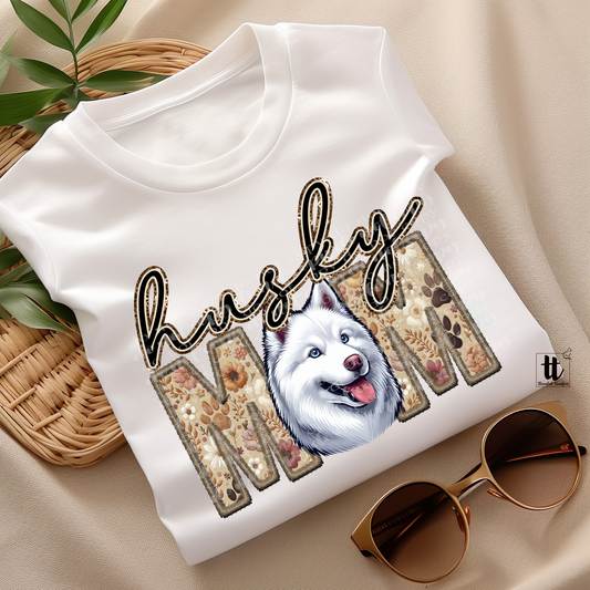 Husky Mom White Faux Embroidery & Faux Sparkle DTF Transfer