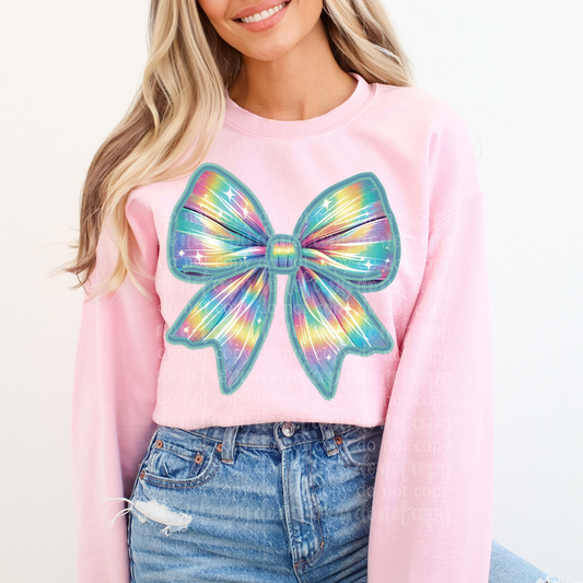 Iridescent Coquette Bow Faux Embroidery DTF Transfer