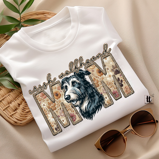 Irish Wolfhound Mom White Faux Embroidery & Faux Sparkle DTF Transfer