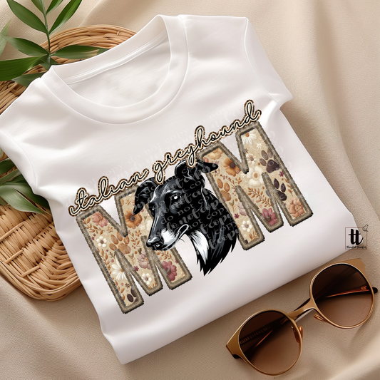 Italian Greyhound Mom black Faux Embroidery & Faux Sparkle DTF Transfer