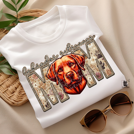 Labrador Retriever Mom red Faux Embroidery & Faux Sparkle DTF Transfer