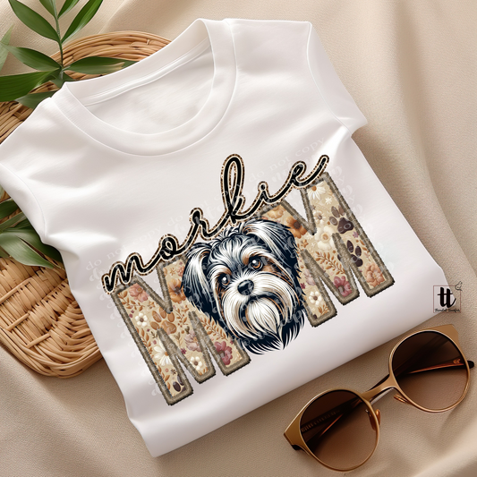 Morkie Mom Faux Embroidery & Faux Sparkle DTF Transfer