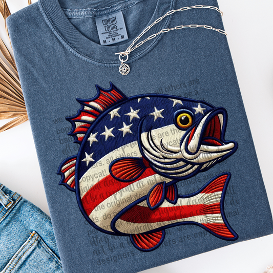 Patriotic Bass Fish Faux Embroidery DTF Transfer