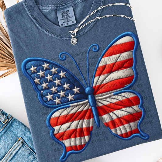 Patriotic Butterfly Faux Embroidery DTF Transfer