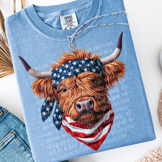 Patriotic Highland Cow Faux Embroidery DTF Transfer