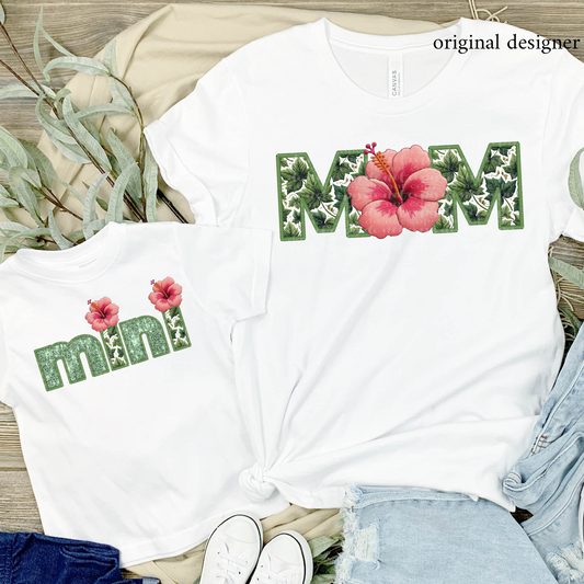 Pink Hibiscus Mom/Mini (choose from menu) **EXCLUSIVE** Faux Embroidery, Chenille, & Sparkles DTF & Sublimation Transfer