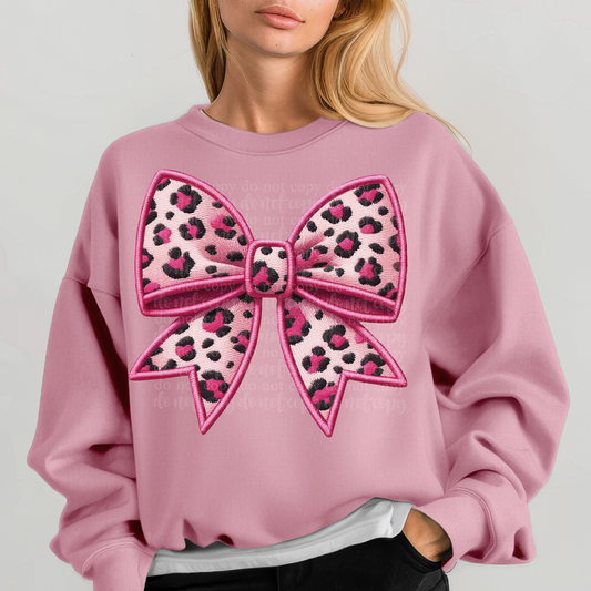 Pink Leopard Coquette Bow Faux Embroidery DTF Transfer