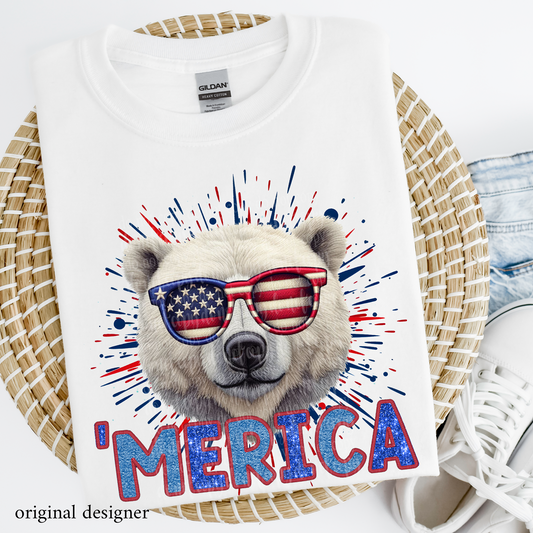 Polar Bear 'Merica **EXCLUSIVE** Faux Embroidery, Chenille, & Sparkle DTF & Sublimation Transfer