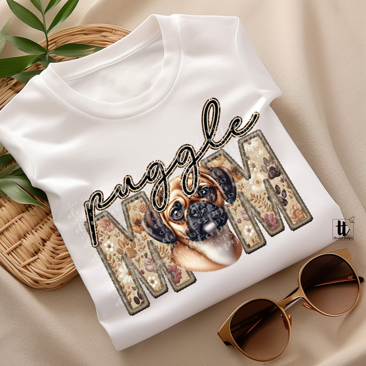 Puggle Mom Faux Embroidery & Faux Sparkle DTF Transfer