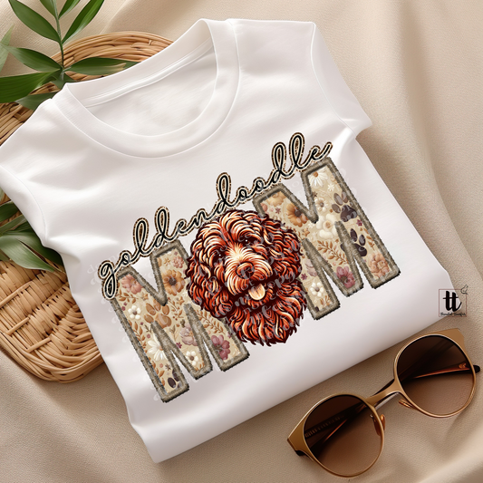 Goldendoodle Mom Red Faux Embroidery & Faux Sparkle DTF Transfer