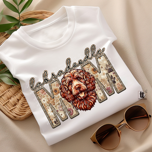 Labradoodle Mom Red Faux Embroidery & Faux Sparkle DTF Transfer