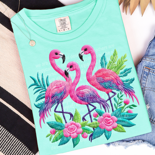 Vibrant Flamingos Faux Embroidery DTF Transfer