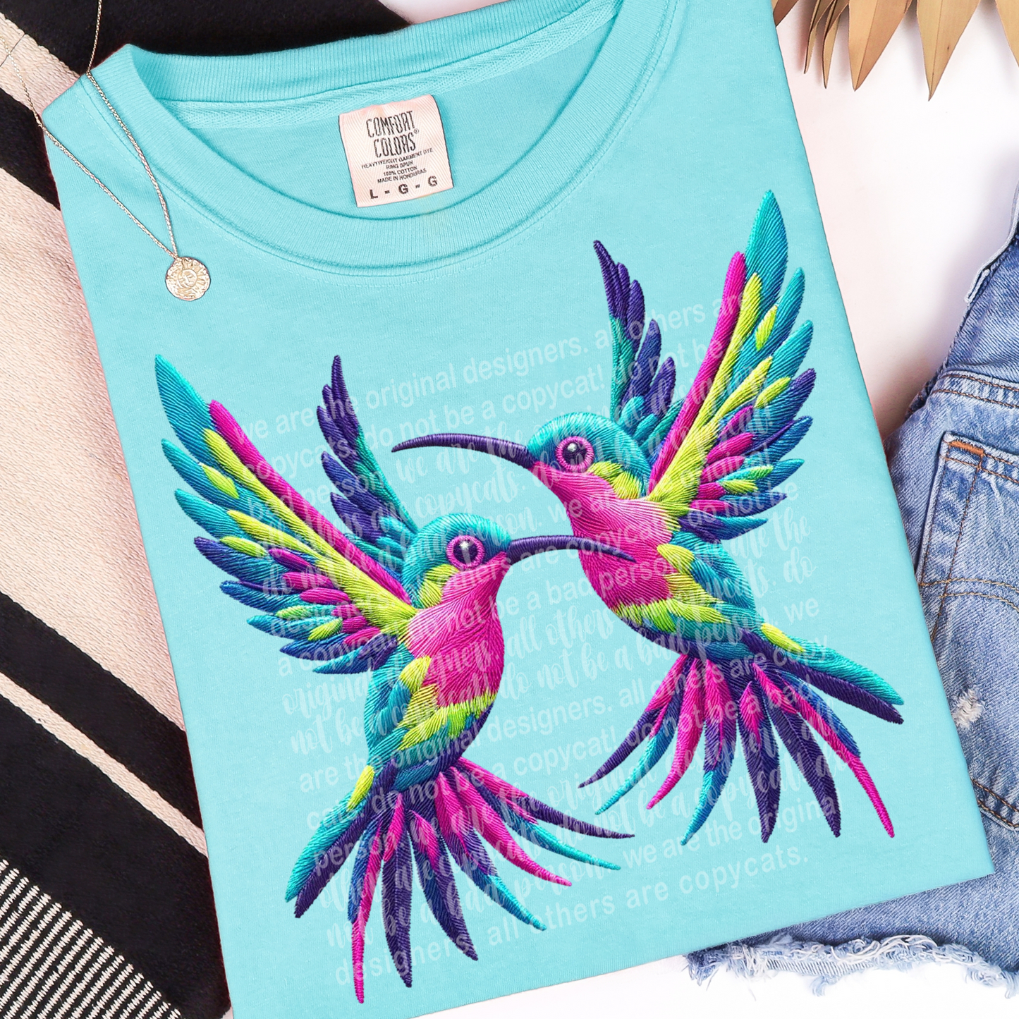 Vibrant Hummingbirds Faux Embroidery DTF Transfer